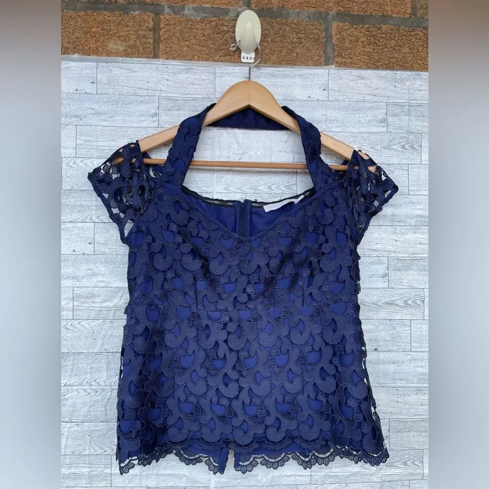 Anne Fontaine Blouse Women Blue Lace Floral Cold Shoulder 42